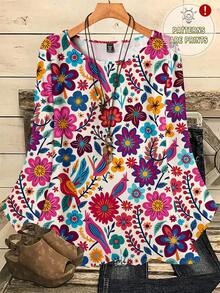 EMERY ROSE Áo kiểu nữ cỡ lớn in hoa, dáng rộng, cổ tròn, tay lỡ 3/4, kiểu dáng thường ngày. - Nhiều màu - Xem 3