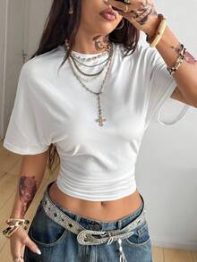 Coolane 女士秋季极简主义Y2K基础日常休闲返校街头风弹力白色宽松褶皱短款T恤黑白两件套 - 酒紅色 - 查看 5