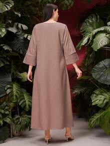 Al Najma V-Neck Loose Fit 3/4 Sleeve Patchwork Fringe Design Abaya - Coral Pink - View 2