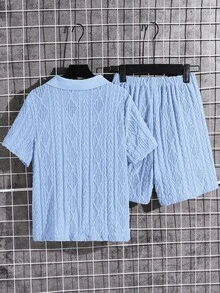 两件套男童纹理面料 Polo 衫（带领拉链）和纹理面料短裤套装，舒适休闲度假风，适合户外玩耍、街头摄影、派对、城市漫步等场合。 - 淺藍色 - 查看 3