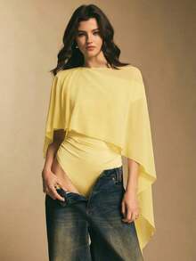 Poéselle Women's Solid Color Poncho Design Elegant Bodysuit - Yellow - View 3