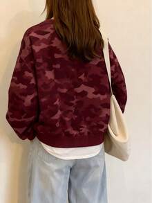 INAWLY 迷彩印花复古百搭红色女式圆领抓绒卫衣 - 彩色 - 查看 2