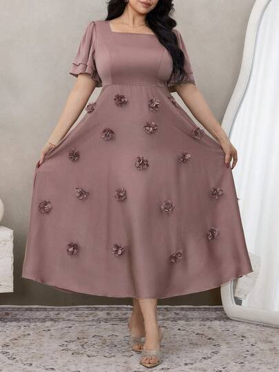 Modelyn Vestido elegante y romántico de talla grande, de unicolor, de doble capa y manga corta, con diseño de flores en línea A