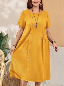 EMERY ROSE Plus Size Women's Loose Fit Buttoned Round Neck Mustard Yellow Dress,Summer Boho Vacation Short Sleeve Pocket Curve Dress With Side Slits - Yellow - View 3