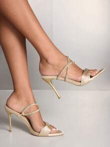CUCCOO SZL Giày sandal cao gót quai chéo đính đá mới, gót nhọn, giày nữ gợi cảm dự tiệc/đi hộp đêm. - Màu be - Xem 1