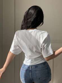 DAZY 女士夏季圆领收腰短袖休闲T恤 - 白色 - 查看 4