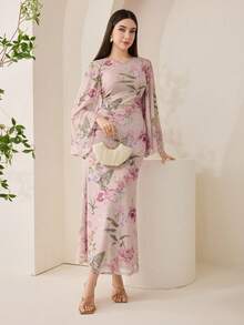 Veilorie 女士印花圆领喇叭袖修身优雅连衣裙 - 彩色 - 查看 5