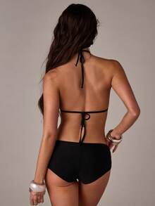 SHEIN BAE 2件套露背镂空纯色性感比基尼 - 黑色 - 查看 5