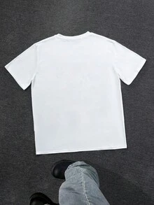 Manfinity Dauomo Men's Round Neck Short Sleeve T-Shirt, Casual Versatile Style, Classic White, English Letter/Cartoon/Music Note Graphic Print, Suitable For Students, Streetwear, Daily Wear, Travel, Commute - Multicolor - View 2