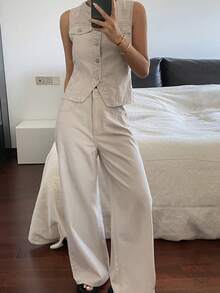 Livesso Conjunto de top ajustado de cuello redondo sin mangas y jeans de corte holgado para mujer - Blanco - Ver 5