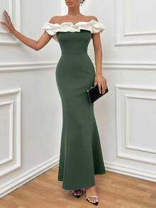 EURMUSE Two Tones Off Shoulder Ruffle Trim Bodycon Dress, Elegant Dress - Army Green - View 7