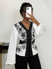 Xyvia قميص نسائي أنيق وعتيق بطبعة زهرية خفيف الوزن بتصميم أبيض وأسود مناسب للعمل والمواعيد في الربيع والصيف - أبيض وأسود - مشاهدة 3