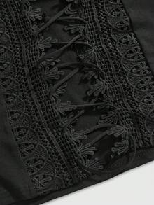 ROMWE Goth Sexy Backless Lace Patchwork Criss-Cross Tight Fit T-Shirt - Black - View 4