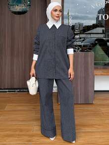 DAZY 2pcs Women Casual Collared Cotton Striped Top And Pants Set - Navy Blue - View 1