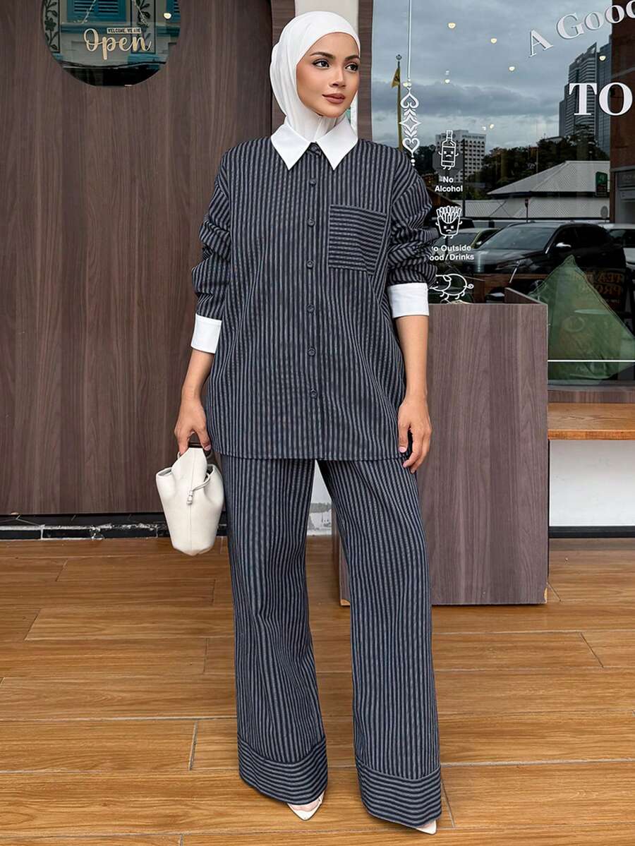 DAZY 2pcs Women Casual Collared Cotton Striped Top And Pants Set - Navy Blue - View 1