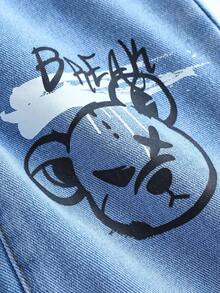 泰迪熊涂鸦图案蓝色宽松牛仔裤