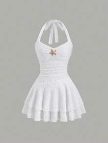 Sweetra Đầm nữ gợi cảm cổ khoét sâu, đính sao kim loại, kiểu yếm hở lưng, xếp ly ở gấu váy, ôm eo, phong cách lãng mạn ngọt ngào, thích hợp cho mùa xuân/hè. - Cà phê - Xem 1