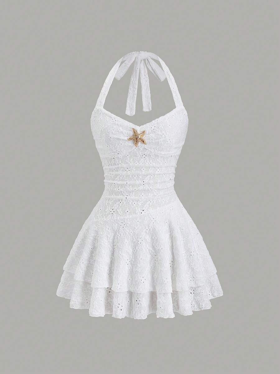 Sweetra Đầm nữ gợi cảm cổ khoét sâu, đính sao kim loại, kiểu yếm hở lưng, xếp ly ở gấu váy, ôm eo, phong cách lãng mạn ngọt ngào, thích hợp cho mùa xuân/hè. - Cà phê - Xem 1