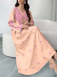 SHEIN Najma Women's Floral Vine Pattern Digital Print V-Neck Long Sleeve Elegant Arabic Style Maxi Dress, Spring - Multicolor - View 4