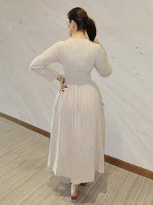MDEdit Cotton Linen Women Long Sleeve Dress, Casual Vacation Dress, V-Neck A-Line Long Dress, Women Casual Outfit, Women Beach Wear, Women Dignified Dress, Women Autumn Dress,Fall Dresses For Women,Elegant Dresses For Women - Apricot - View 2