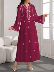 SHEIN Najma Women's Floral & Rhombus Pattern Digital Print V-Neck Flare Sleeve Elegant Arabic Style Dress, Spring/Autumn - Multicolor - View 3