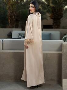 Layrah Handmade Rhinestone & Feather Trim Loose Arabic Maxi Dress - Apricot - View 2