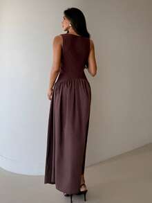 Aloruh 女士优雅露肩修身纯色沙滩度假复古风棕色连衣裙 - 棕色 - 查看 3