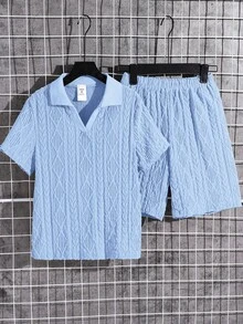 两件套男童纹理面料 Polo 衫（带领拉链）和纹理面料短裤套装，舒适休闲度假风，适合户外玩耍、街头摄影、派对、城市漫步等场合。 - 淺藍色 - 查看 2