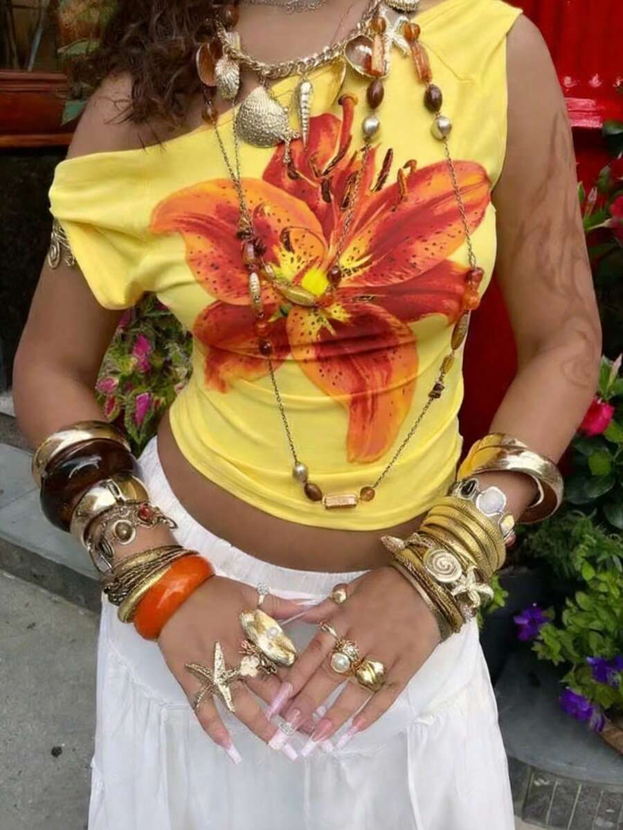 INAWLY Áo thun nữ dáng ngắn thời trang in hoa, thiết kế bất đối xứng vai và thắt eo. - Màu vàng - Xem 1