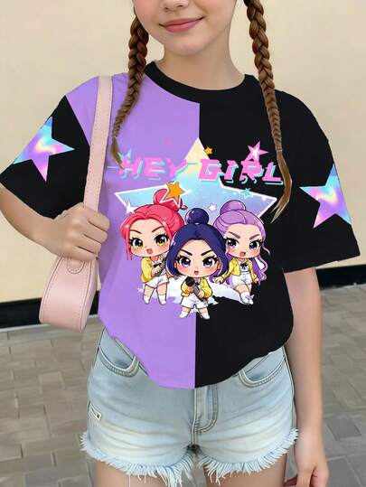 2pcs/Set Cute & Cool Kpop Girl Graphic Patchwork Black & Purple Short Sleeve Loose Blouse, Suitable For Spring, Summer, Autumn, Winter, Great Gift For Young Girls