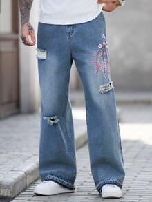 Manfinity LEGND 男女皆宜的做旧刺绣宽松水洗休闲牛仔裤，美式街头风 - 淺色水洗藍 - 查看 3