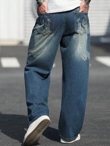 Manfinity LEGND Vintage Distressed Fish Scale Print Carp Pattern Wide Leg Jeans, High Street American Design Men Wide Leg Jean - Dark Wash - View 7