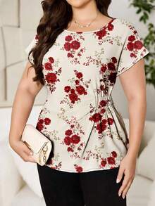Reflora Plus Size Women's Floral Print Casual Batwing Sleeve Shirred Waist Blouse, Summer Spring - White - View 4