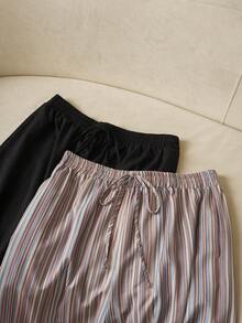 Elaquor 2条装加大码女式休闲纹理雪纺基础款阔腿条纹裤休闲度假春季裤装 - 彩色 - 查看 4