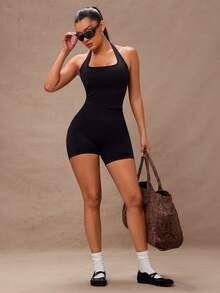 Lumalex 女士纯色露背吊带上衣和短裤瑜伽健身套装 - 黑色 - 查看 3