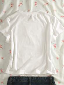 Sundraya Camiseta corta de mujer de cuello redondo y manga corta con estampado de letras y cerezas - Blanco - Ver 2
