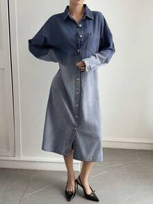 Livesso 女士休闲宽松渐变扎染直筒牛仔连衣裙，优雅百搭，适合办公室通勤、秋冬季节穿着 - 淺色水洗藍 - 查看 5