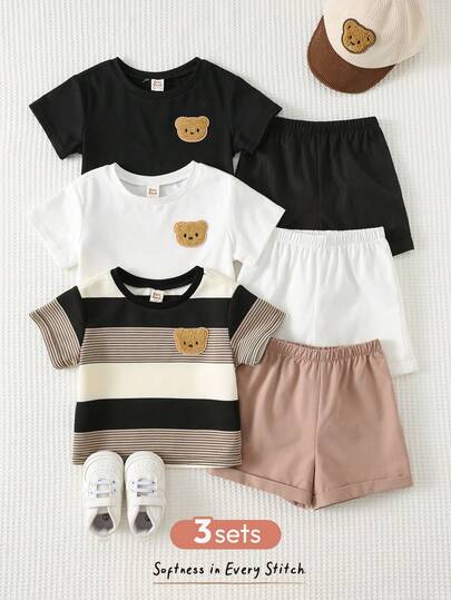 Cozy Pixies Conjunto de 6 piezas de top de manga corta de cuello redondo suave de punto y pantalones cortos de cintura elástica para bebé niño