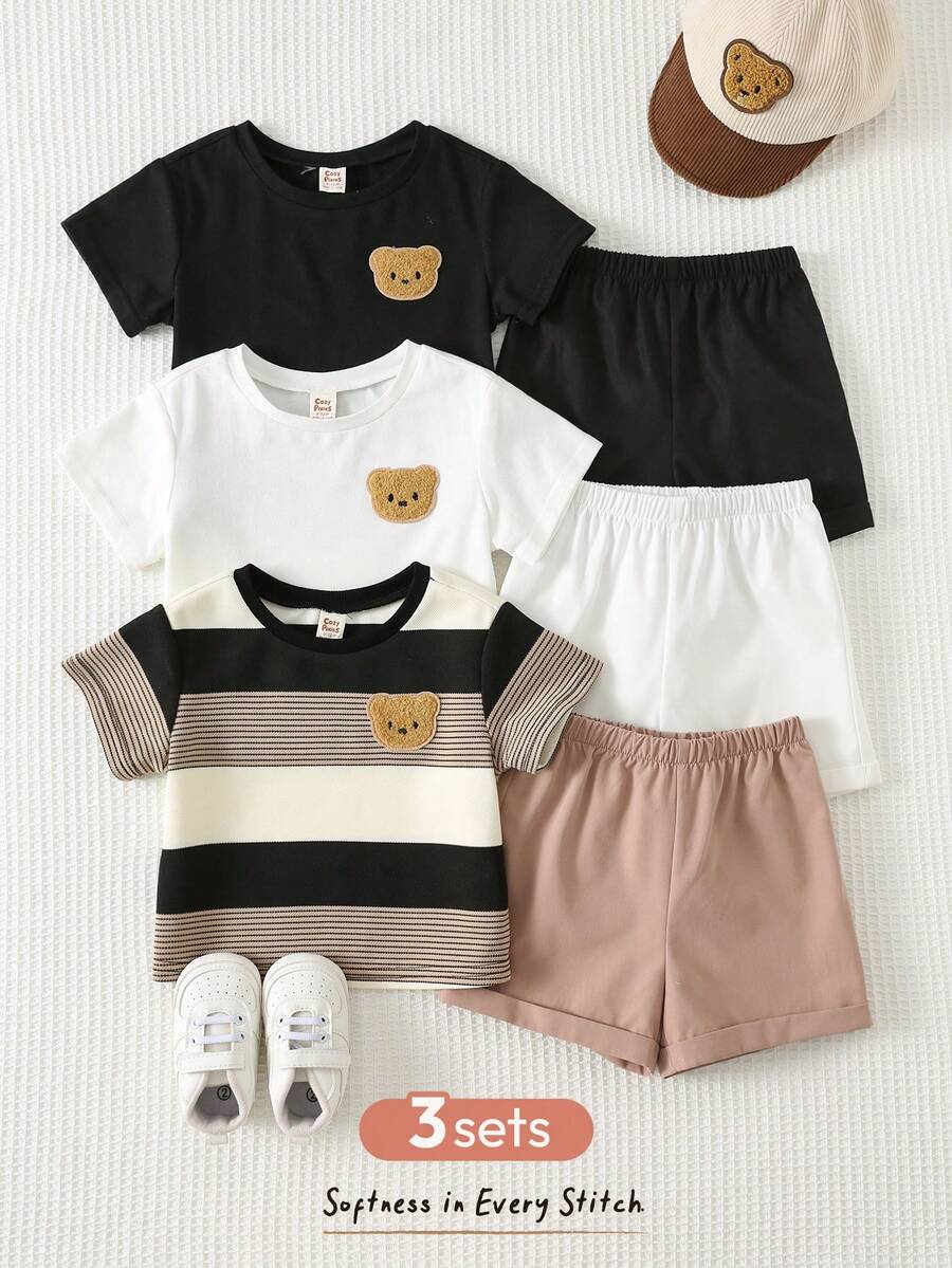 Cozy Pixies 6件套男婴柔软针织圆领短袖上衣和松紧腰短裤套装 - 彩色 - 查看 1