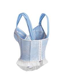SuitURBody Light Blue Lace Embroidered Ruffle Trim Bralette, Vintage Sheer Wide Strap Corset Style Crop Top - Baby Blue - View 5