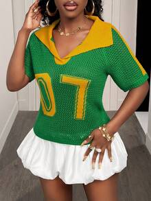 BamGleam 女士春夏绿色上衣，休闲针织背心，镂空打孔运动风，户外数码七翻领，撞色街头时尚夏季上衣，适合度假、春假、外出等场合。 - 綠色 - 查看 4