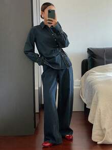 Livesso 女士休闲牛仔系带露肩上衣和裤子套装，秋冬款 - 藍色 - 查看 5