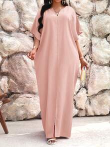 SHEIN Lady Jesienno-zimowa praca w kolorze zielonym, z wycięciem, z rękawami typu nietoperz, sukienka kaftan, sukienki w dużych rozmiarach, stroje wakacyjne, stroje plażowe dla kobiet, sukienka na wakacje na plaży, sukienka na wesele, sukienka dla gościa, sukienka biznesowa, swobodna, sukienka na studniówkę - Różowy - Zobacz 1