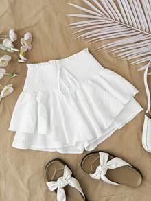 SHEIN Teen Girl Cute Summer White Skort Casual Beach Holiday Vacation Woven Textured Fabric Ruffles Drawstring Smocked High Waist Layered Ruffled Hem Shorts - White - View 1