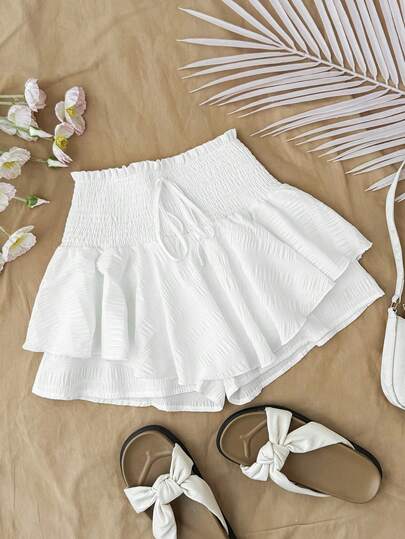 SHEIN Quần dài nữ tuổi teen, kiểu dáng thường ngày, chất liệu vải dệt họa tiết, có bèo nhún, màu trơn, cạp chun có dây rút.