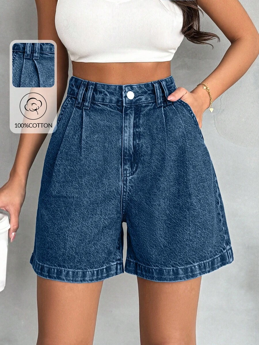 EURMUSE Pantalones de cintura alta de algodón 100% con detalles de bolígrafos, lavado vintage - Azul lavado oscuro - Ver 1