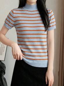 Almamuse Áo len cổ cao tay ngắn ôm dáng, họa tiết sọc tương phản, thích hợp mặc đi làm hàng ngày cho nữ, mùa thu. - Màu xanh nhạt - Xem 6