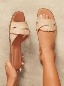 SHUZIA Women's Minimalist Casual Comfy Crisscross Flat Sandals - Beige - View 2