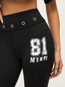 MTV | SHEIN Women's Summer Letter Pattern Grommet Eyelet Waist High-Waisted Leggings - Black - View 6