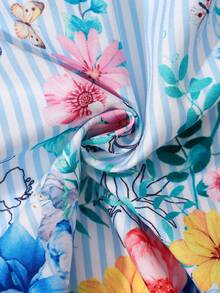 SHEIN Sparklyn 1 pieza Mono con estampado, manga corta, volantes en el bajo, diseño de botones falsos, color azul y blanco, adecuado para viajes, vacaciones o ropa de playa, primavera/verano - Azul - Ver 8